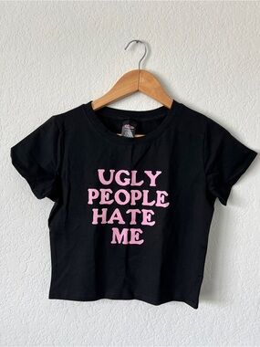 Cherry Kitten Black Crop Tee with Pink 'Ugly People Hate Me' Graphic